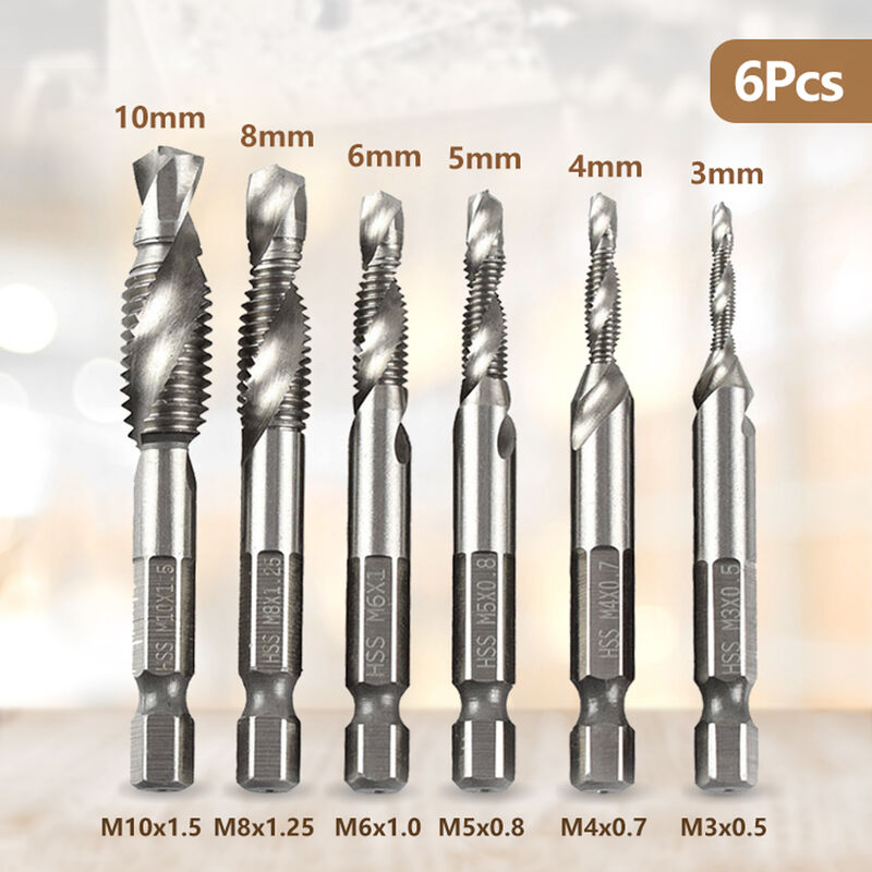 

Combinacion de perforacion Set Tap Tap Bit 6pcs Drill Bits Metricas HSS 4341 3 en 1 vastago hexagonal para tocar en plastico de madera de aluminio