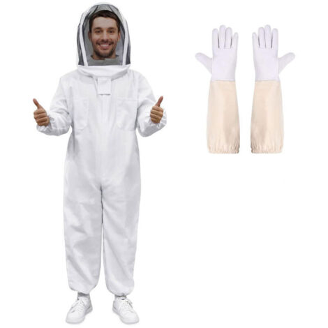 Combinaison d'apiculteur tissu épais coton haute qualité, fermeture éclair robuste, gants en cuir, capuche amovible taille XL
