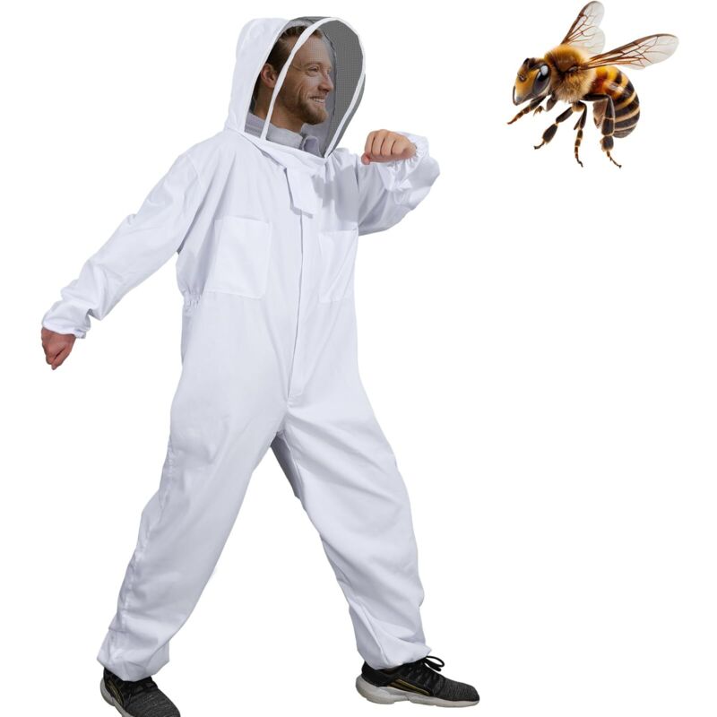 Combinaison d'Apiculture pour Tout le Corps Vêtements à Capuchon avec Voile Manteau de Protection pour Apiculteurs Costume Apicole en Coton avec