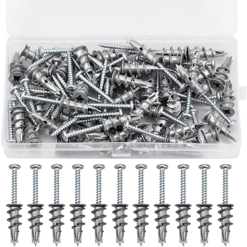 Combinaison de jeu de vis d'expansion en alliage de zinc, 100 Pièces Lot de 50 vis et 50 chevilles - Autoforantes en métal - Pour plaques de plâtre