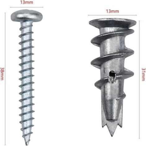 Combinaison de jeu de vis d'expansion en alliage de zinc, 100 Pièces Lot de 50 vis et 50 chevilles - Autoforantes en métal - Pour plaques de plâtre et de staff