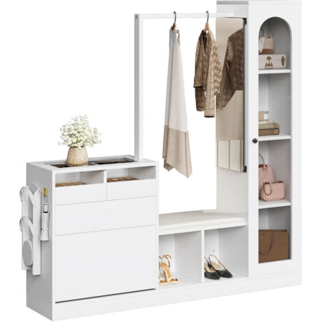 Combinaison entrée 6-en-1,garde-robe + coiffeuse + meuble chaussures pliant + vitrine LED couleur changeante