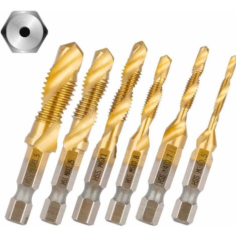 Combination taps, 6 screws 1/4'' HSS M3-M10, hex shank countersinks, tools, drill set, machine taps. Used for wood, plastic, thin aluminum, hard metal