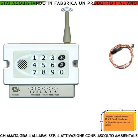 Combinatore GSM Chiama 40 Numeri su 4 Canali 4 Messaggi Voce Microfono Esterno Ascolto Ambientale Telesoccorso Conferma Attivazioni Memorizza Eventi Per Data Password Apri Cancello Accesso e Blocco