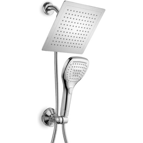 Combinazione di soffione doccia a pioggia/doccetta portatile da 9' (circa 22,9 cm). Comoda manopola di controllo del flusso a pulsante per l'utilizzo con una sola mano. Cambia le impostazioni del flus