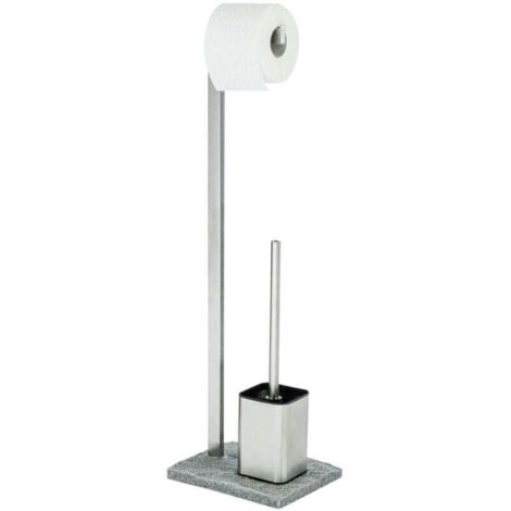 Combinazione WC 2 in 1 in granito, scopino con testina sostituibile e portarotolo, acciaio inossidabile e poliresina effetto pietra, 23x73,5x19,5 cm, cromo e granito