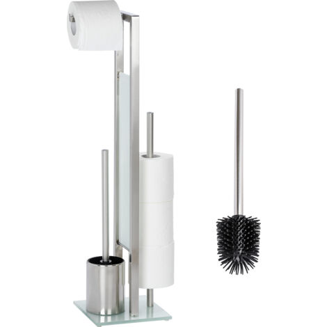 Combiné WC Rivalta avec brosse de rechange 3 en 1 WENKO, Brosse WC, Dérouleur stockage Papier Toilette, Acier Inox mat- verre trempé noir, 18x70x23 cm
