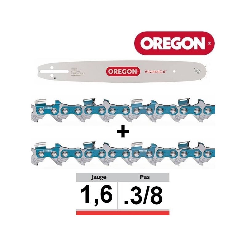 Oregon - Kit de guide et chaînes 1+2 AdvanceCut : 1 guide et 2 chaînes 3/8', 1.6 mm, 45 cm, nombre de maillons 66