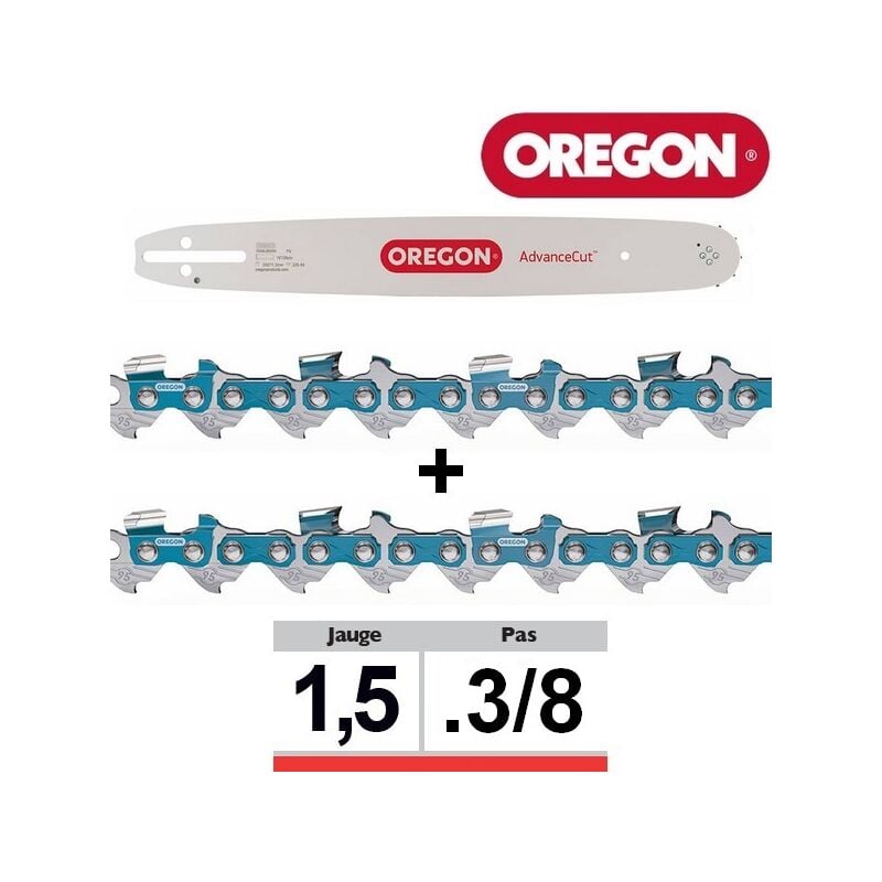 Oregon - Kit de guide et chaînes 1+2 AdvanceCut : 1 guide et 2 chaînes 3/8', 1.5 mm, 50 cm, nombre de maillons 72