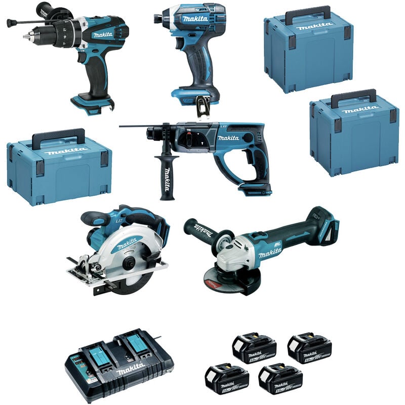 Pack de 5 machines Makita DLX5039PTJ (DHP458 + DTD152 + DGA504 + DHR202 + DSS610) + 4 x 18V 5Ah + Chargeur double + 3 makpac