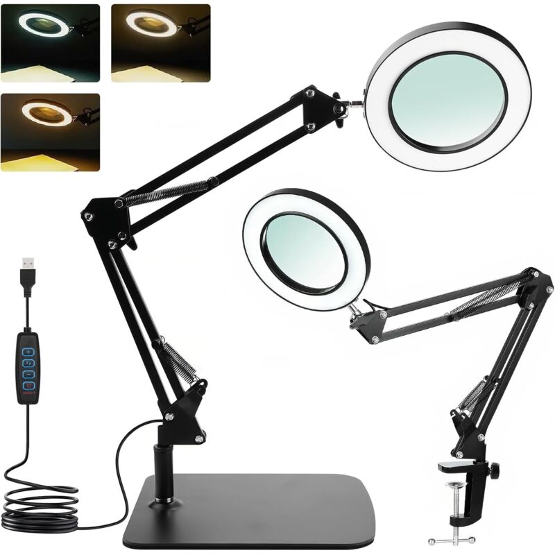 comeder Loupe 15X avec lumière et support u2013 Bras réglable, 3 modes de couleur, LED à intensité variable, pince mains libres pour la lecture,