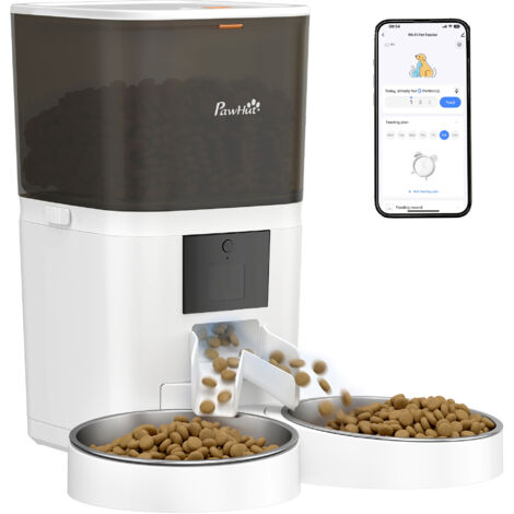 Comedero Automático 6L WiFi 2.4G con Control App 2 Cuencos Programable 1-10 Comidas Grabadora Voz 10s Fácil de Limpiar