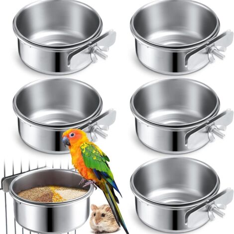 Comedero colgante de 6 piezas con soporte de acero inoxidable para loros y periquitos - Casita para pájaros con comederos y bebederos, 10 cm x 4,5 cm, plateado
