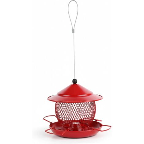 Comedero colgante para pájaros, fabricado en malla metálica con techo impermeable y bandeja para semillas, a prueba de ardillas, rojo.