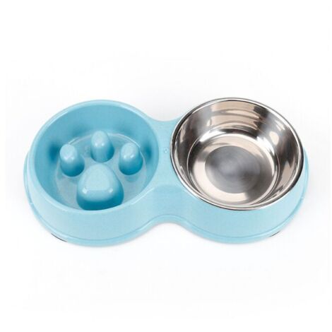 Comedero doble azul para mascotas, de alimentación lenta, interactivo, de acero inoxidable, antideslizante,