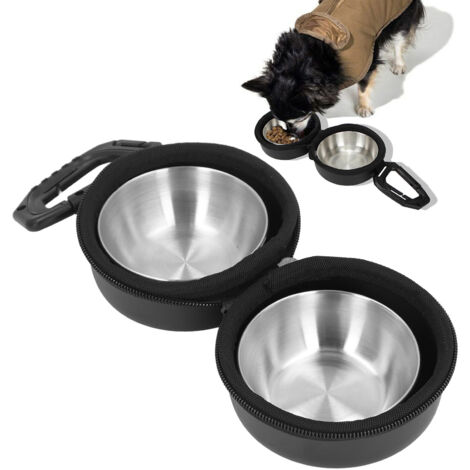 Comedero doble para perros con bolsa Comederos de acero inoxidable y práctica bolsa de almacenamiento de EVA para viajes y acampadas Juego de 2 comederos de acero inoxidable + bolsa