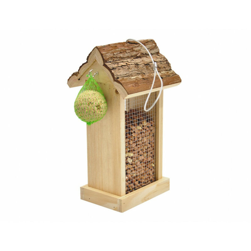 

Comedero distribuidor de aves, techo de corteza 15x14x28,5 cm.
