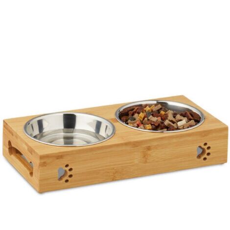 Comedero para gatos, comedero para mascotas, comedero para perros, soporte doble de bambú, madera y acero inoxidable.