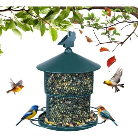 Comedero para pájaros, comedero colgante de metal para pájaros silvestres al aire libre, con capacidad para semillas, tubo de malla, comedero para semillas de girasol, decoración de jardín, verde