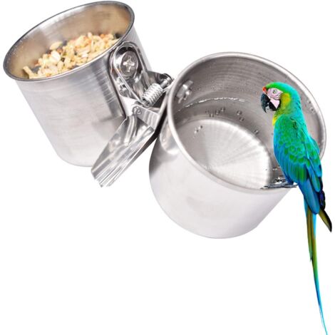 Comedero para pájaros de acero inoxidable, cuenco para comida para loros, cuenco para comida en forma de jaula con abrazadera, cuenco para comida y agua para pájaros