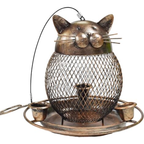 Comedero para pájaros de exterior, comedero de metal resistente para aves silvestres, comedero para pinzones y gorriones, decoración colgante para jardín - Lindo gato color bronce