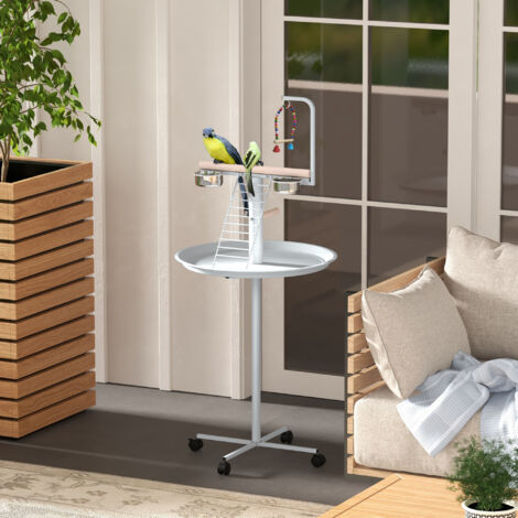 Comedero para Pájaros de Pie Ø60x138 cm con 4 Ruedas 2 Cuenco de Acero Inoxidable y 2 Perchas Blanco