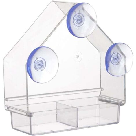 Comedero para pájaros transparente con ventosas superfuertes, bandeja extraíble, rellenable y resistente a la intemperie.