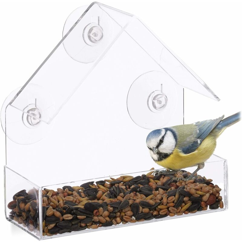 

Comedero para pájaros con ventana LITZEE, 3 ventosas, dispensador de semillas, caja nido, HLP: 15 x 15 x 7 cm, transparente, acrílico, PVC