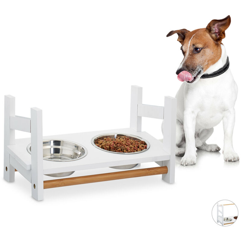 

Comedero Perro, 2 Cuencos, Soporte Altura Regulable, Bebedero Gatos, 20 cm, DM-Bambú-Acero Inoxidable, Blanco