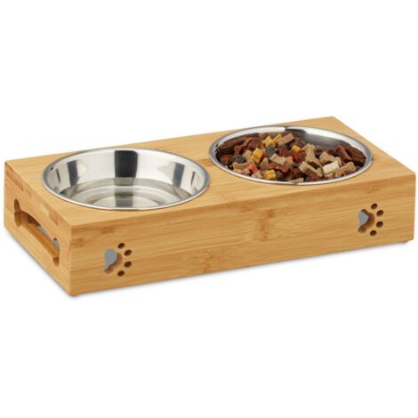 Comedero Perro, Soporte con 2 Cuencos, 300 ml, Acero Inoxidable-Bambú, 1 Ud., 6,5x31,5x15 cm, Plateado-Marrón
