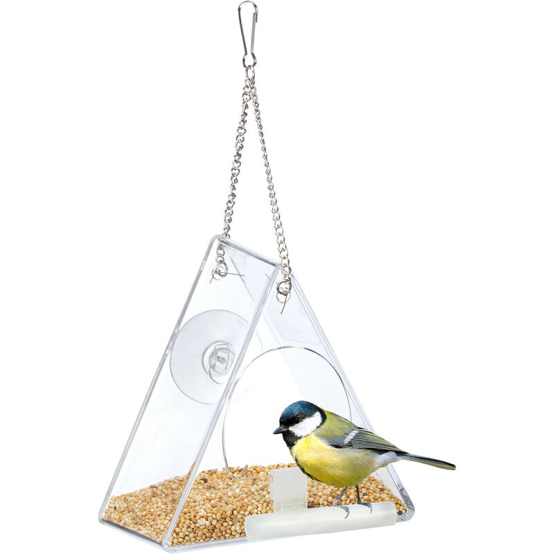 Relaxdays - Comedero Pájaros Triángulo Acrílico, Alimentador Aves Colgante, para Ventana, 13 x 12,5 x 7,5 cm, Transparente