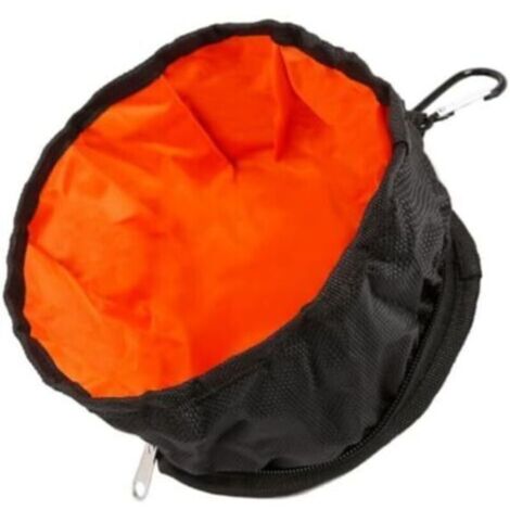 Comedero plegable para perros: fabricado en tela encerada negra, ligero y compacto, con mosquetón. Ideal para viajes, excursiones o salidas cotidianas.