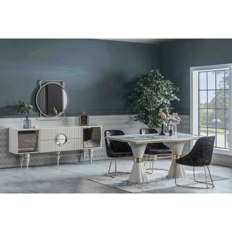 Comedor completo ERMIGAN con 4 sillas blanco, gris y dorado