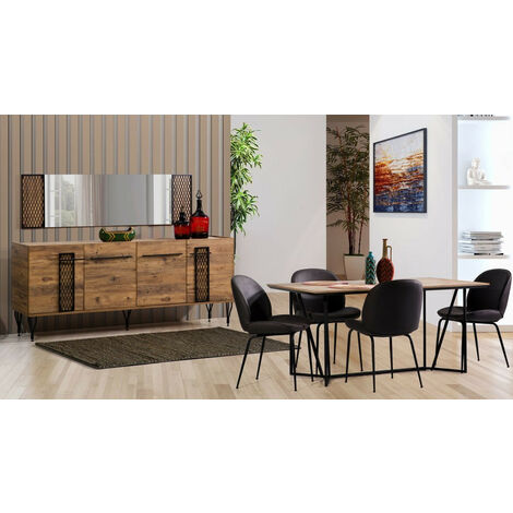 Comedor completo VITALI con 4 sillas madera y metal negro