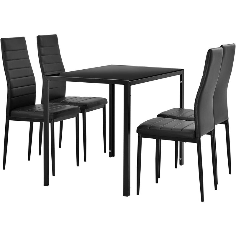 Saldosystocks - Comedor de estructura metálica - Mesa de cristal templado con 4 sillas de polipiel acolchado en color negro