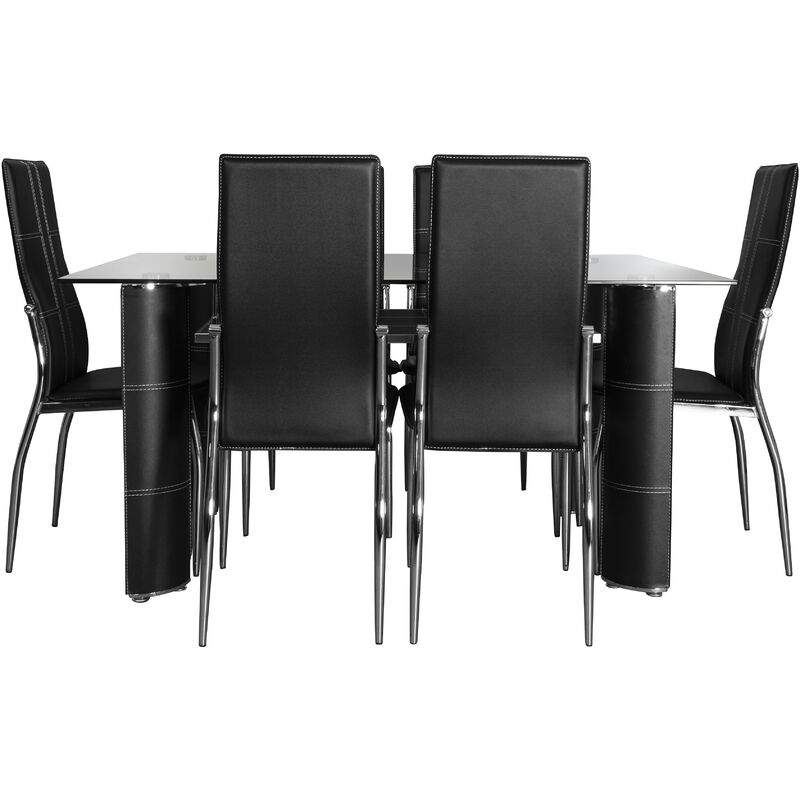 Comedor de estructura metálica - Mesa de cristal templado con 6 sillas de polipiel acolchado color negro 150X90CM