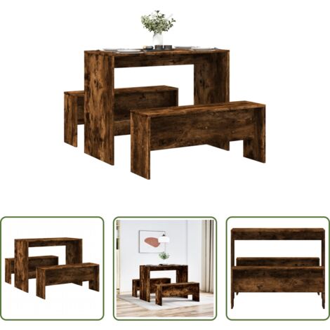 Comedor de madera -  Mesa y bancos de comedor 3 pzas madera ingeniería roble ahumado