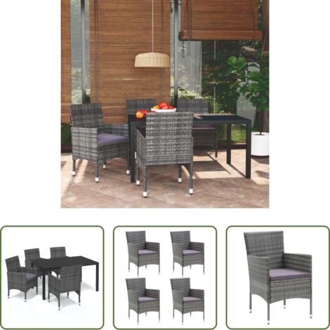 Comedor exterior -  Juego muebles jardín 5 pzas con cojines ratán sintético gris