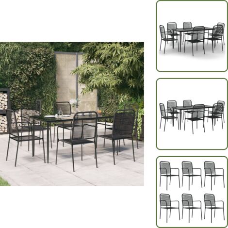 Comedor exterior - vidaXL Juego de comedor jardín 7 pzas acero y cuerda de algodón negro - Sillas de comedor