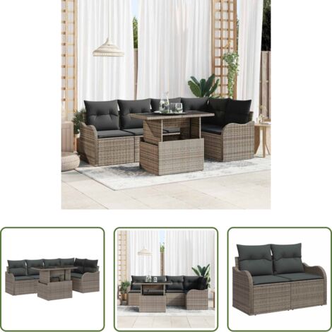 Comedor modular -  Conjunto de comedor con cojín 6 pcs Gris Poliratán