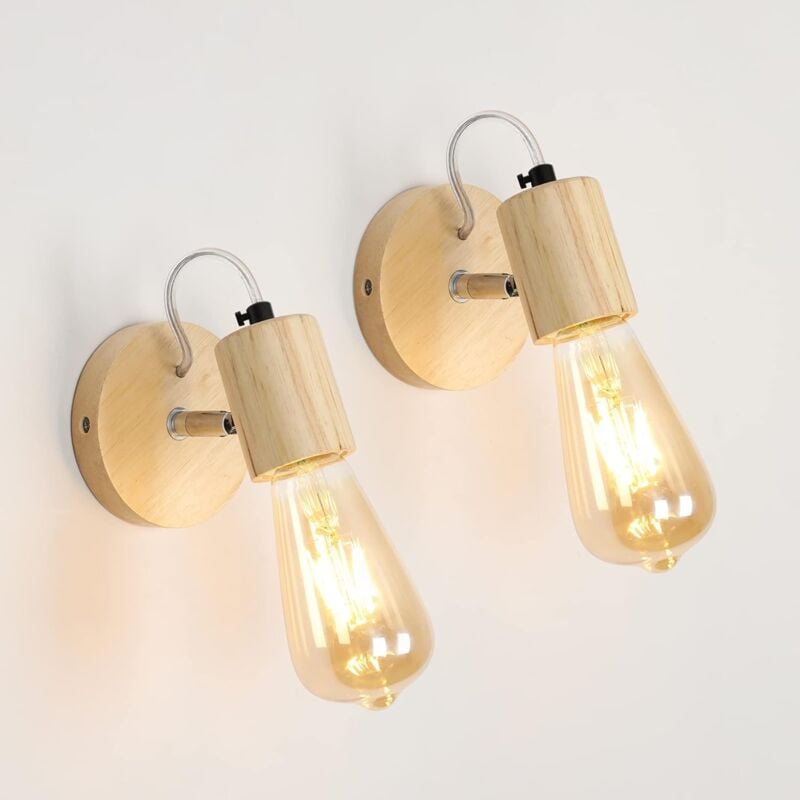Lot de 2 Appliques Murales Vintage en Bois, Style Minimaliste pour Chambre, Salon, Bureau - Douille E27 (Ampoules Non Incluses) - Comely