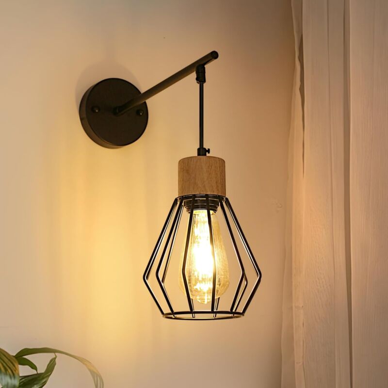 Applique Murale Intérieure Bois E27, Lampe Murale Vintage Industrielle Métal, Nordique Luminaire Murale Noire Rétro Cage pour Chambre Salle à Manger