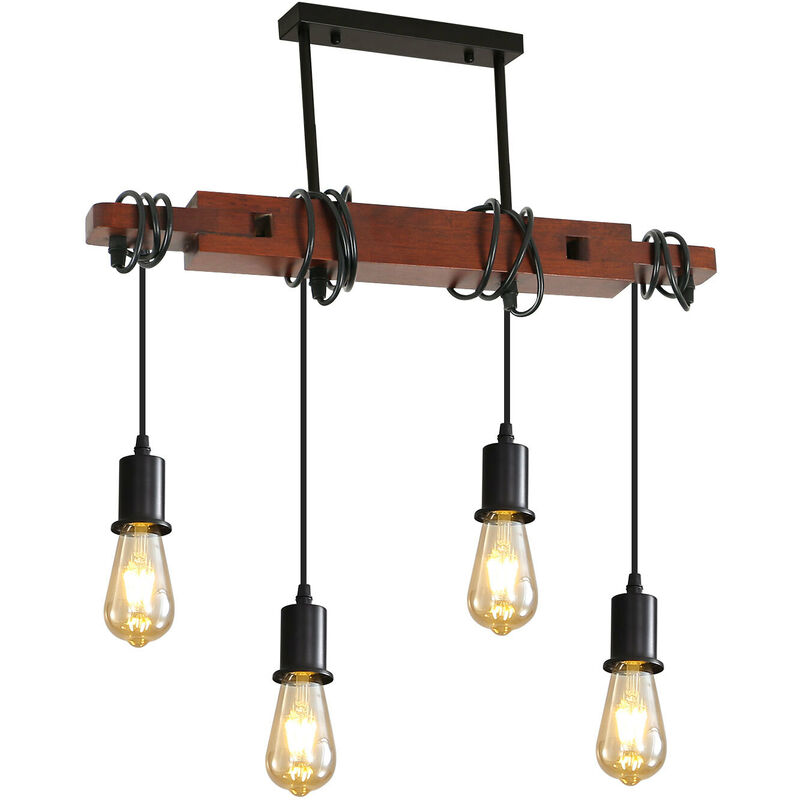 Image of Comely - Illuminazione a sospensione industriale retrò - Lampadario in legno vintage con 4 luci E27 per la sala da pranzo e il soggiorno (lampadina