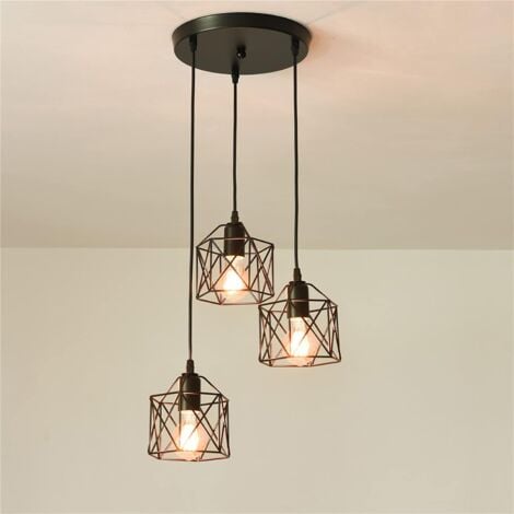 COMELY Industrial Pendant Light 3 Light with ，120CM Adjustable Cable，E27 Black Semi Flush Mount Ceiling Lights Used in Kitchens, Restaurants, Bedroom, Stairs (Bulb Not Included)