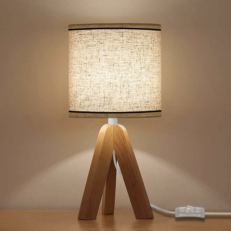 Image of Lampada da comodino in legno con treppiede, paralume in lino E27, stile retrò, perfetta per camera da letto, soggiorno, ufficio - Comely