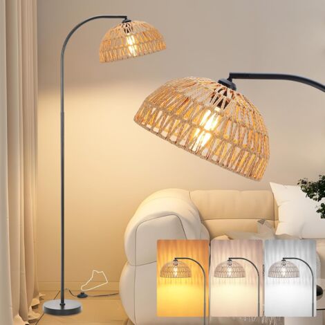 COMELY Lampada da terra moderna per soggiorno o camera da letto, lampada da terra in rattan bohémien, attacco E27, stile vintage con interruttore a pedale, paralume naturale (lampadina non inclusa)