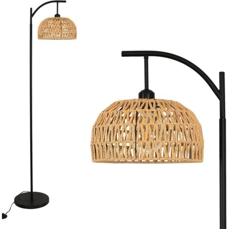 COMELY Lámpara de pie moderna para salón o dormitorio, lámpara de mimbre estilo bohemio, base de lámpara E27, diseño vintage con interruptor de pie, pantalla natural (Bombilla no incluida)