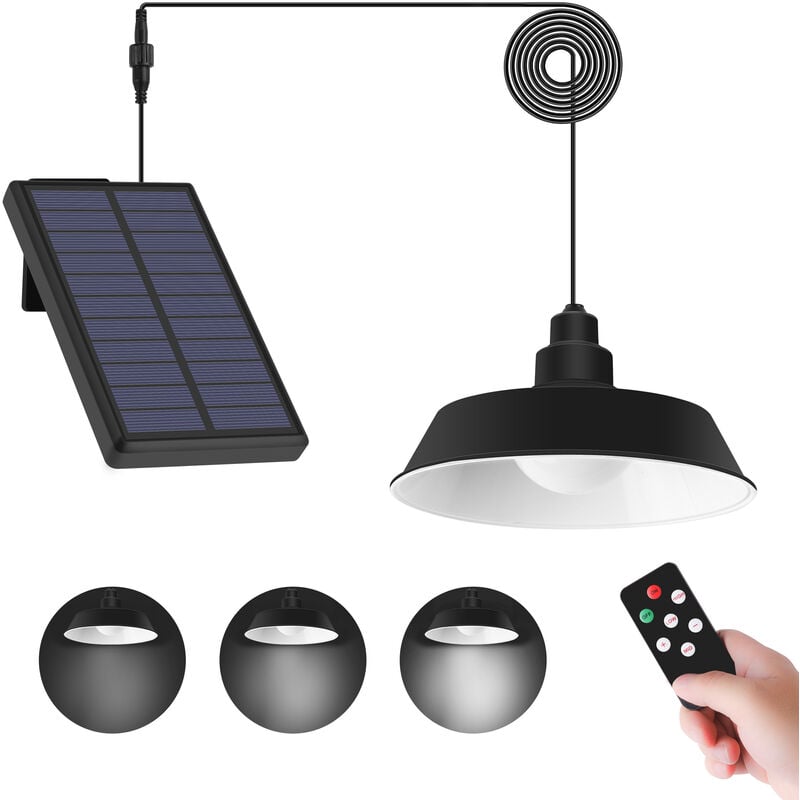 Lampe solaire extérieure suspendue, 3 couleurs Dimmables avec télécommande, contrôle de la lumière 6500K led, idéale pour grange, poulailler, Gazebo