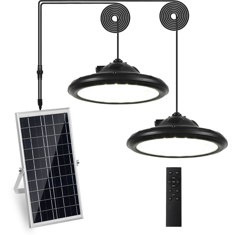 Lampe Suspendue Solaire Étanche Double Tête, 200 led, Télécommande et usb, Lumière Blanche & Chaude - Comely