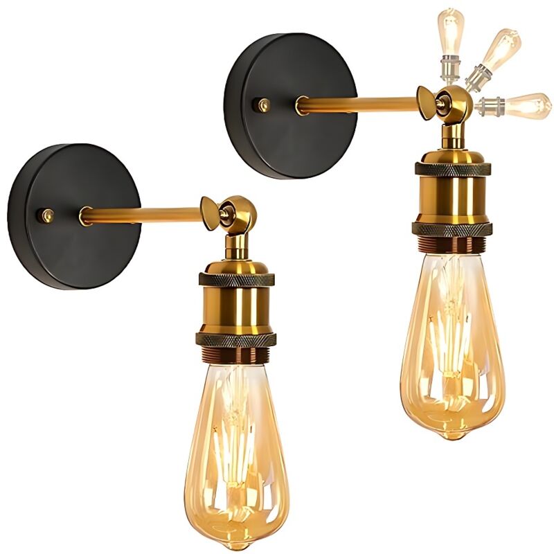 Comely - Lot de 2 Appliques Murales E27 Vintage Industrielles 270° Orientables en Métal Doré Idéales pour Escalier Couloir Salon Cuisine (Ampoules